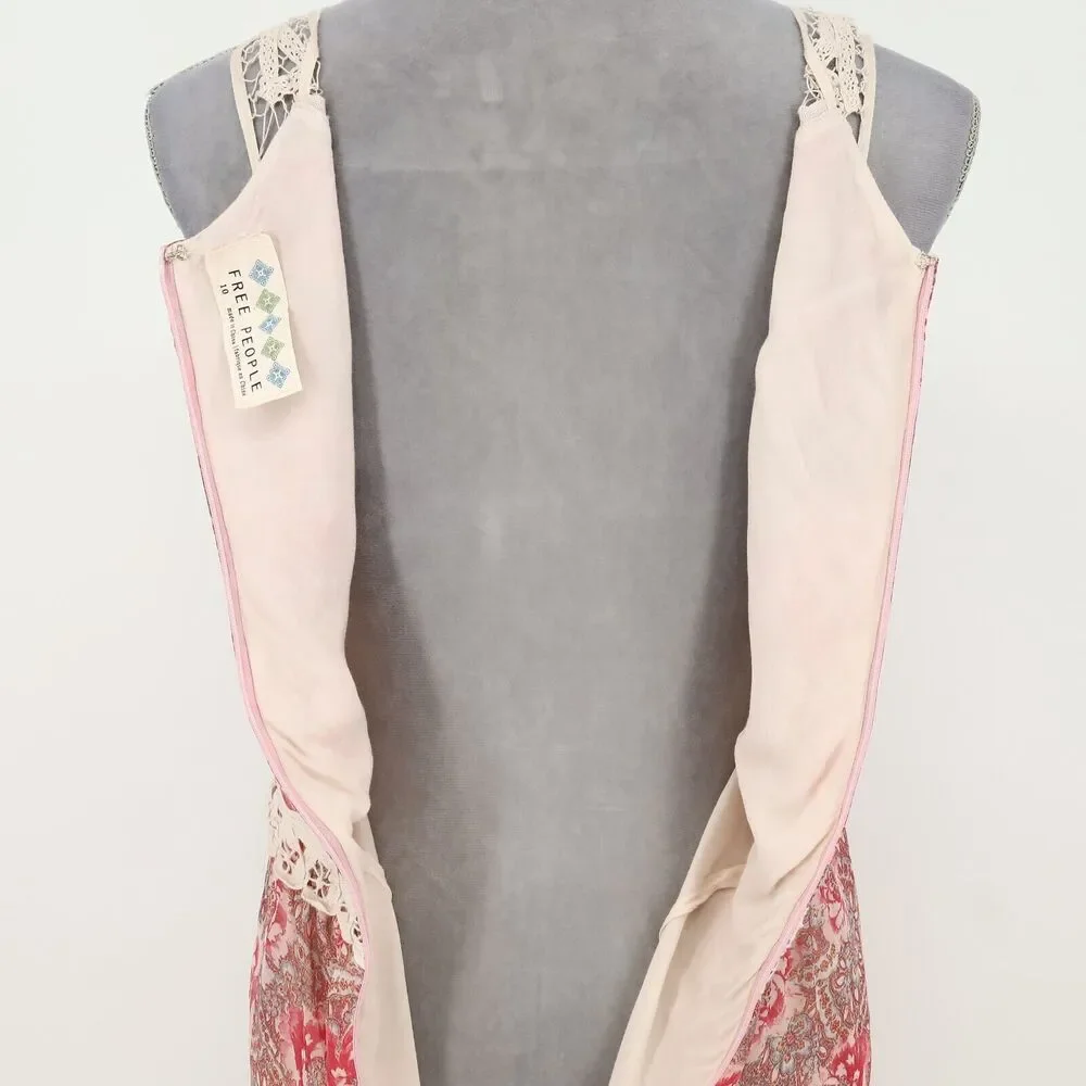 Free People Dress Womens 10 Maxi Ivory Red Pink Floral Lace Trim Lined Chiffon - Picture 12 of 13